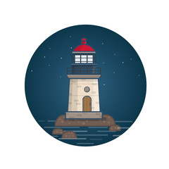 Lighthouse in the night sky background. Vector illustration in flat style
