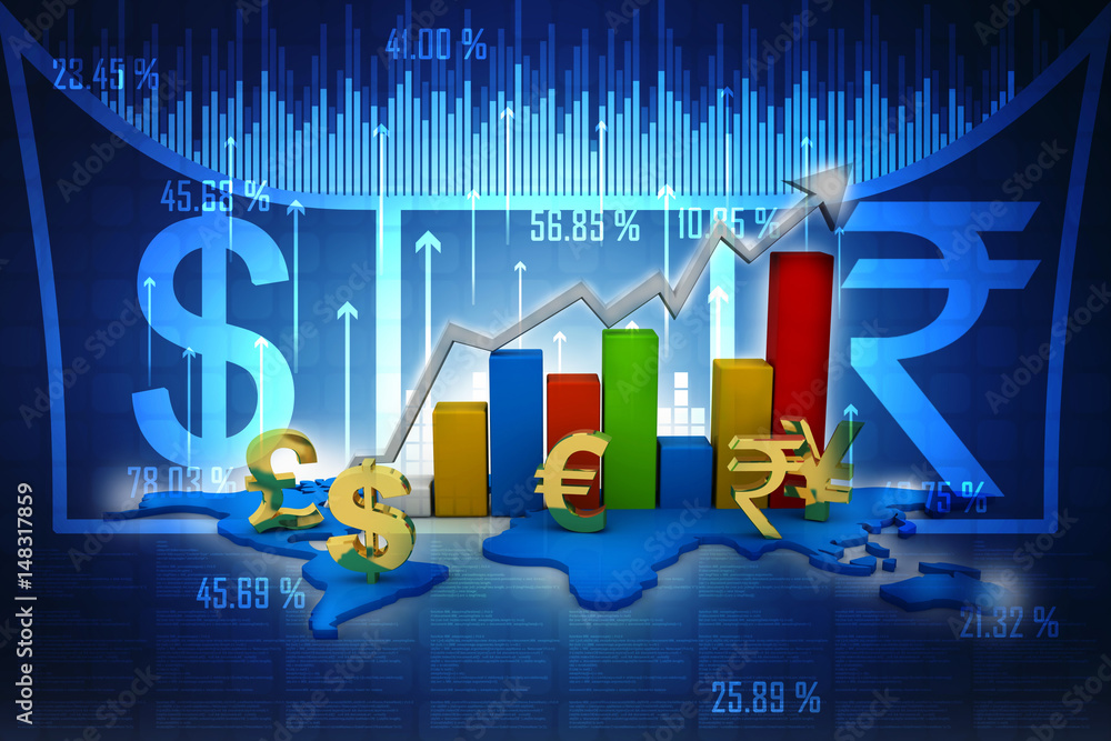 Poster 3d rendering global currencies with business graph
