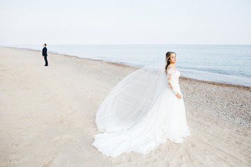 Fototapeta na wymiar The charming bride and groom standing near sea