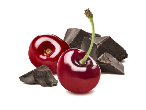 Cherry broken dark chocolate composition isolated