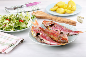 Baked red mullet served with boiled potatoes and green salad.