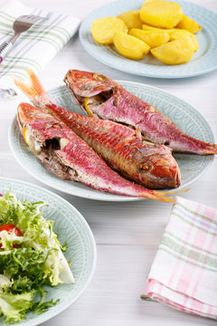 Baked red mullet served with boiled potatoes and green salad.