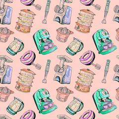 Juicer, double boiler, mixer,  blender, meat grinder and coffeemaker, seamless pattern design, hand painted watercolor illustration with ink outlie, pop art style in pink colors