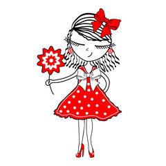 Cute young girl with flowers on white background, Vector illustration