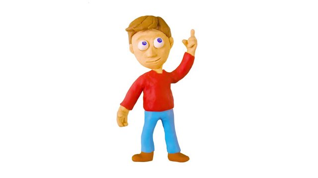 Clay Boy pointing Up, to the side and down.. Claymation. Alpha matte. 4K