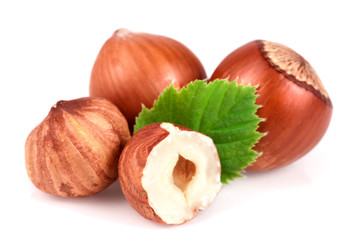 Hazelnuts with leaves isolated on white background