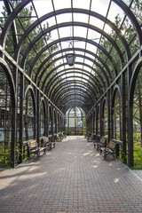 Vine pergola garden. Landscape design. Public square. Springtime. 