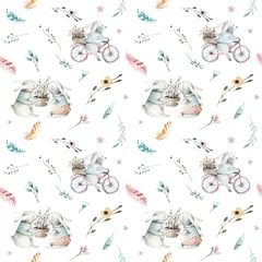 Foto op Plexiglas Konijn Schattige baby konijn dierlijke naadloze patroon, bos illustratie voor kinderkleding. Woodland aquarel Hand getekende boho afbeelding voor gevallen ontwerp, kinderkamer posters