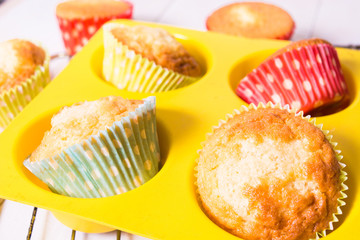 Muffins in silicon form in baking pan