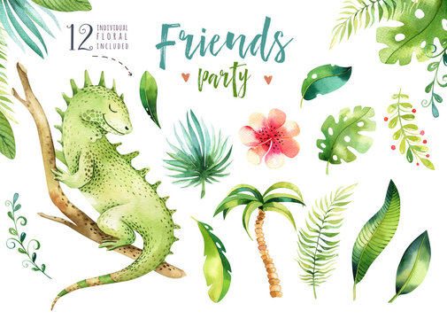 Baby animals nursery isolated illustration for children. Watercolor boho tropical drawing, child cute tropic iguana. Baby shower