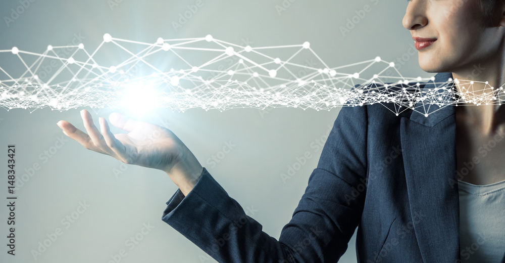 Aufkleber young woman engineer holding her hand under mesh network. 3d rendering graphics. abstract mixed medi