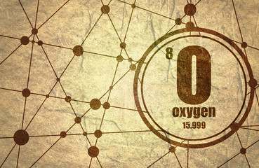 Oxygen chemical element. Sign with atomic number and atomic weight. Chemical element of periodic table. Molecule And Communication Background. Connected lines with dots. Grunge texture