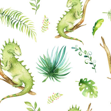 Baby animals nursery isolated seamless pattern. Watercolor boho tropical fabric drawing, child tropical drawing cute iguana and palm tree, tropic green texture