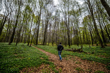 Man walking by woods trails