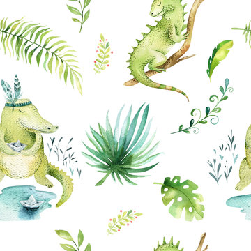 Baby animals nursery isolated seamless pattern. Watercolor boho tropical fabric drawing, child tropical drawing cute iguana and palm tree, tropic green texture