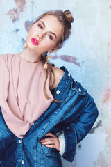 Glamorous girl with bright pink lips