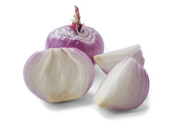 two quarters and one half and a whole bulb of red onion isolated on white background with shadow