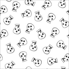 Seamless hand drawn pattern with pouch and stars. Vector black and white illustration