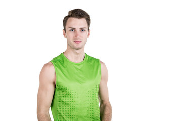 Obraz premium Healthy lifestyle. Portrait of a handsome guy in sportswear, isolated on white background, looking at camera. Horizontal frame