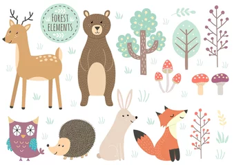 Stickers pour porte Animaux de la forêt Ensemble vectoriel d& 39 éléments de forêt mignons - animaux et arbres