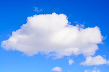 Obraz premium Puffy white cloud on blue sky. One white fluffy Cumulus cloud against a light blue clear sky close-up entirely.