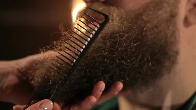 Sexy girl combing beard of a brutal guy in the barbershop. Close up