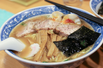 Ramen Japanese noodles with bamboo shoots and eggs