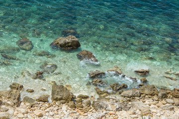Amazing view on black sea near rocks in hot summer. Vacation, summer travel.  Black sea, Sevastopol, Crimea.
