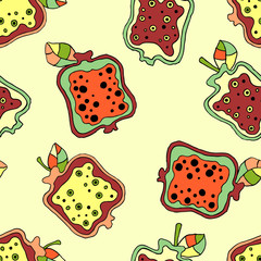 Seamless vector hand drawn childish pattern with fruits. Cute childlike pomegranate with leaves, seeds, drops. Doodle, sketch, cartoon style background. Line drawing Endless repeat swatch
