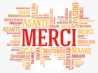Fototapeta premium Merci (Thank You in French) Word Cloud background, all languages, multilingual for education or thanksgiving day