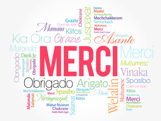 Obraz premium Merci (Thank You in French) Word Cloud background, all languages, multilingual for education or thanksgiving day