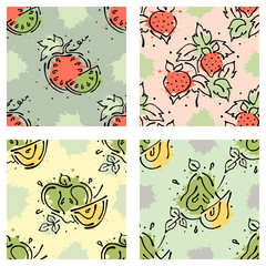 Vector fruits seamless pattern. Watermelon, strawberry, berry, apple, pear with leaves, blots, drops splash Hand drawn contour lines and strokes Doodle sketch style graphic vector drawing illustration