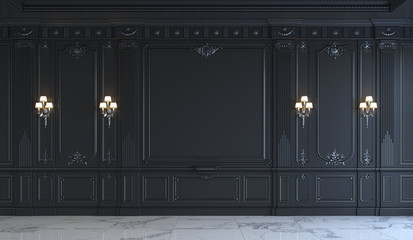Black wall panels in classical style with silvering. 3d rendering