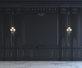 Black wall panels in classical style with silvering. 3d rendering