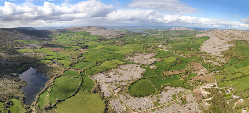 aeria lpanoramic landscape from the burren national park in county clare ireland. beautiful scenic irish rural nature countryside