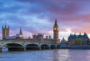 Naklejka na ściany i meble London Westminster Bridge and Big Ben at Dusk