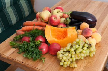 Fruit and vegetables on wooden table