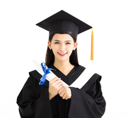  graduate student holding a diploma isolated on white.