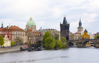 Sunset over Vltava river and Old town in Prague