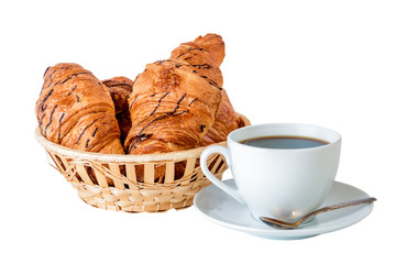 Coffee and croissants in basket isolated on white background