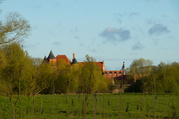 zamek z czerwonej cegły na tle zielonych drzew i niebieskiego nieba