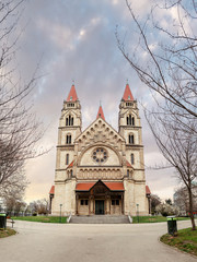 Fototapeta na wymiar Panorama of St. Francis of Assisi Church, Vienna on the Mexican square, built in 1898 in Neo-roman style