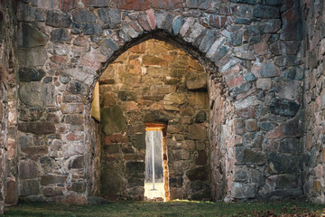 Ruin of a medieval stone church in Lundby Sweden