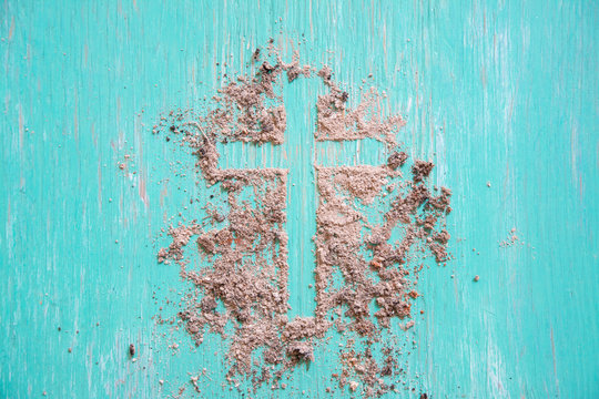 Ash wednesday cross, crucifix made of ash, dust as christian religion, Jesus, god, faith, holy, holiday,