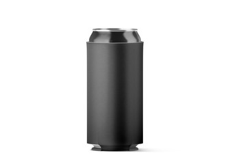 Blank black collapsible beer can koozie mockup isolated, for 500 ml, 3d rendering. Empty neoprene cooler holder mock up for tin beverage. Plain drinkware hugger design template. Clear soda sleeve