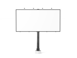 Blank white banner mockup on black city billboard, 3d rendering. Empty bill board mock up isolated. Clear canvas template on sity street sign. Large outdoor poster screen. Big cityboard signage stand.