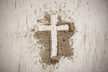 Ash wednesday cross, crucifix made of ash, dust as christian religion, Jesus, god, faith, holy,...