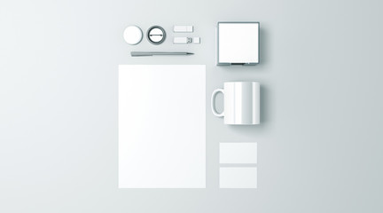 Blank white office stationery set mockup isolated, 3d rendering. Empty corporate branding identity mock ups presentation. Clear space work supplies template for logo design, top view elements.