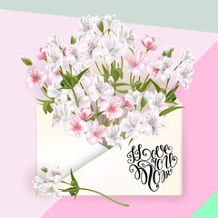 I love you, Mom lettering. Mothers day greeting card with Flowers. Vector illustration