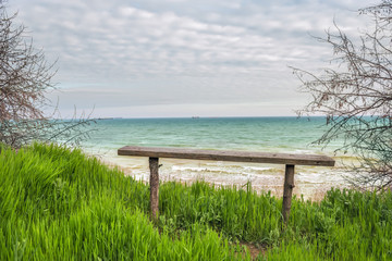 A simple wooden bench on the beach. Wild coast, bright juicy green grass, beautiful view of the sea in the spring.

